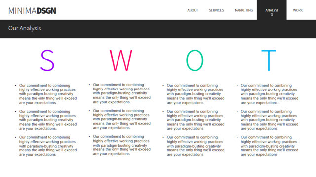 简洁多彩大写字母网页展示SWOT分析PPT