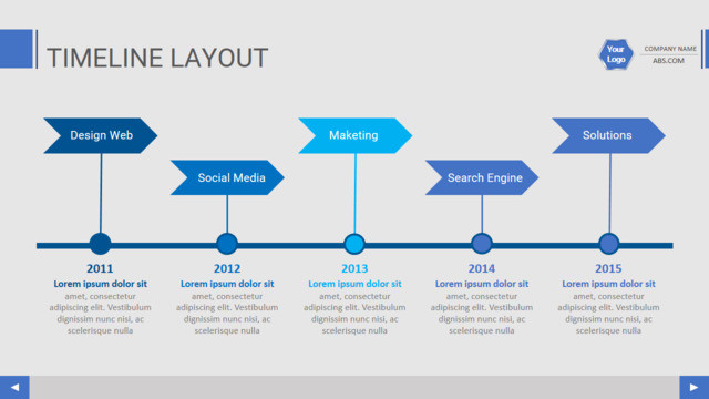蓝色箭头横向递进时间轴PPT