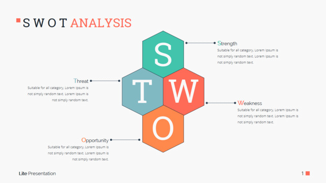 简约多色六边形拼接SWOT分析PPT