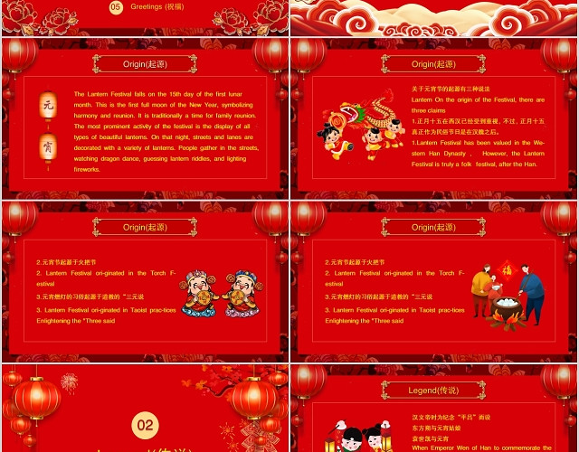 喜庆红色中国风元宵节英文介绍演讲PPT模板