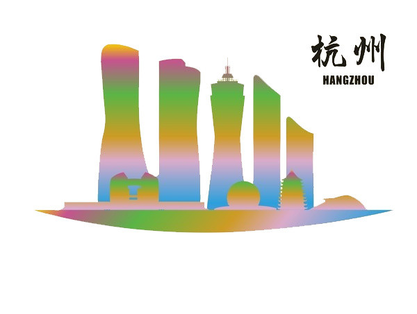 杭州城市建筑彩色渐变剪影