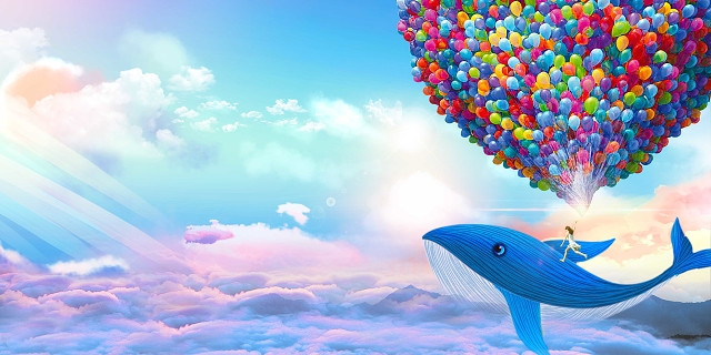 蓝天白云气球鲸鱼插画开学季海报蓝色背景素材