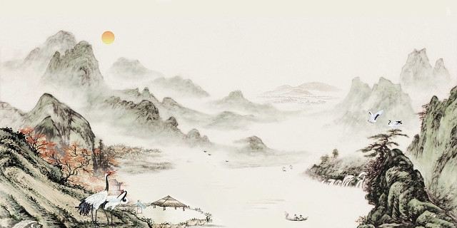仙鹤中国风古风水墨山水展板背景