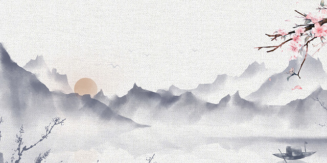 灰色古风中国风花朵远山夕阳海报展板背景素材