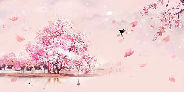 粉色古风中国风水墨风景花朵海报展板背景素材