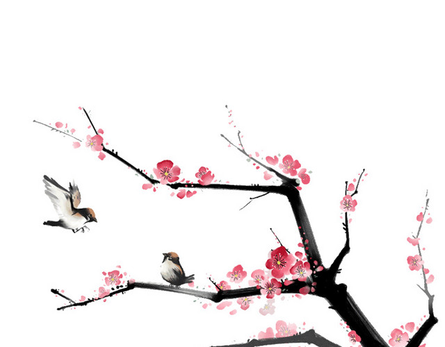 古典中国风桃花梅花小鸟背景素材