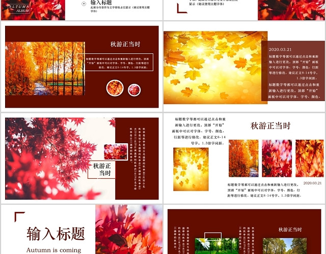 枫叶红色背景秋游正当时秋季旅行相册PPT模板