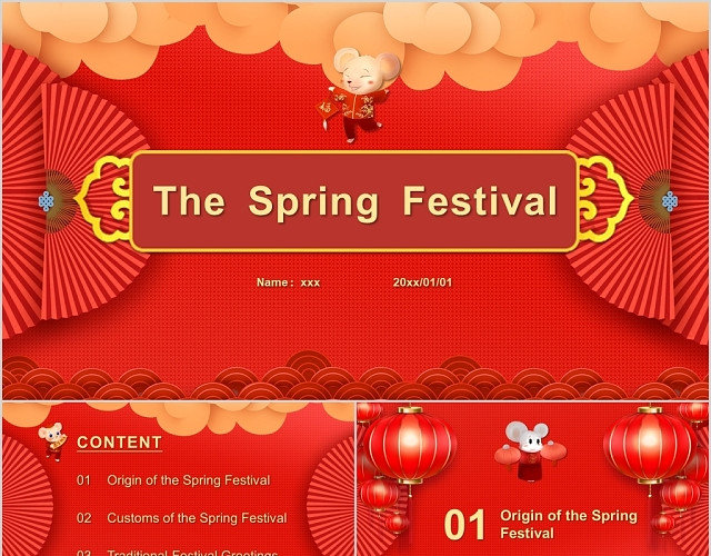 创意红色中国风春节新年英文演讲PPT模板
