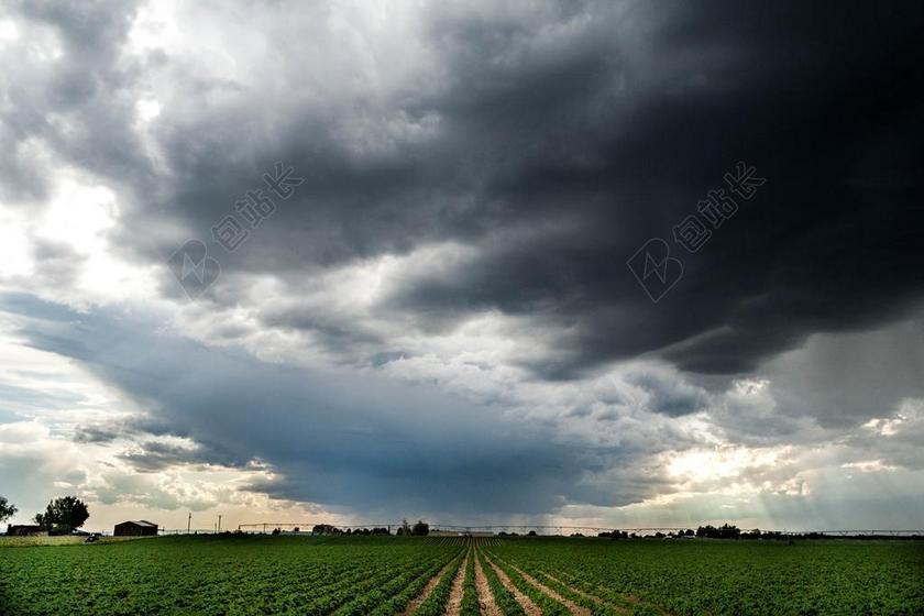 农业景观黑色的乌云和农田背景图片