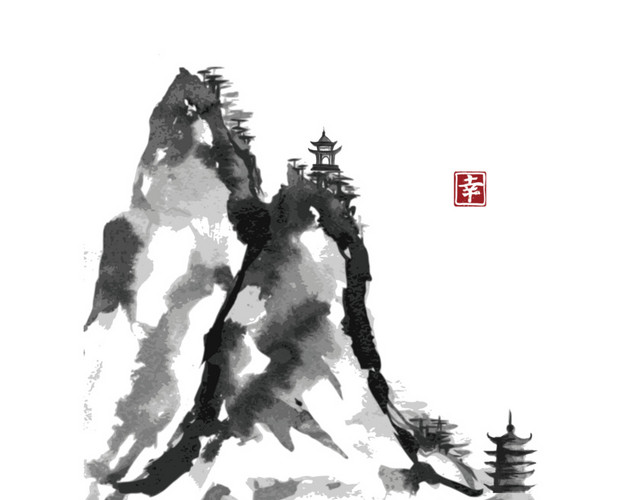 中国水墨手绘山峰风景