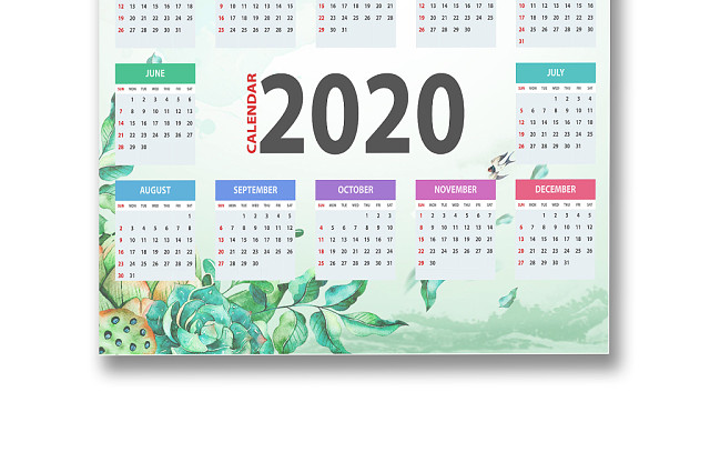 小清新手绘水彩植物踏青简约彩色2020日历WORD模板