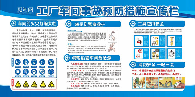 蓝色工厂安全生产车间事故预防措施宣传栏