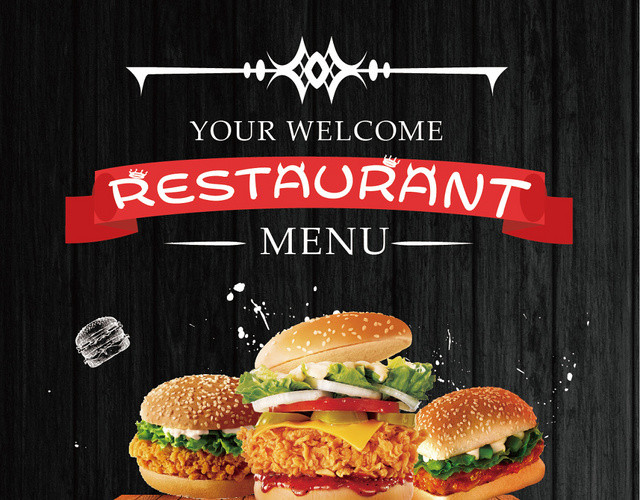 快餐黑色大气西餐菜单汉堡披萨促销海报