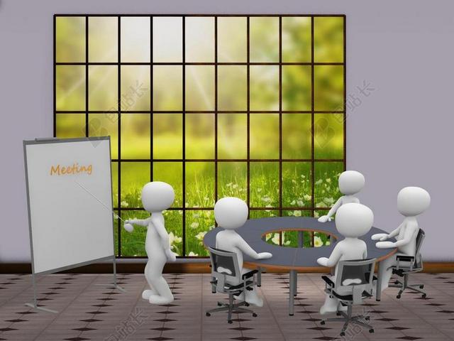 商务会议白色小人团队在会议室对着展板演讲背景图片