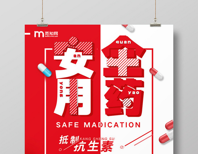 简约大气红色系用药知识健康用药安全用药海报设计