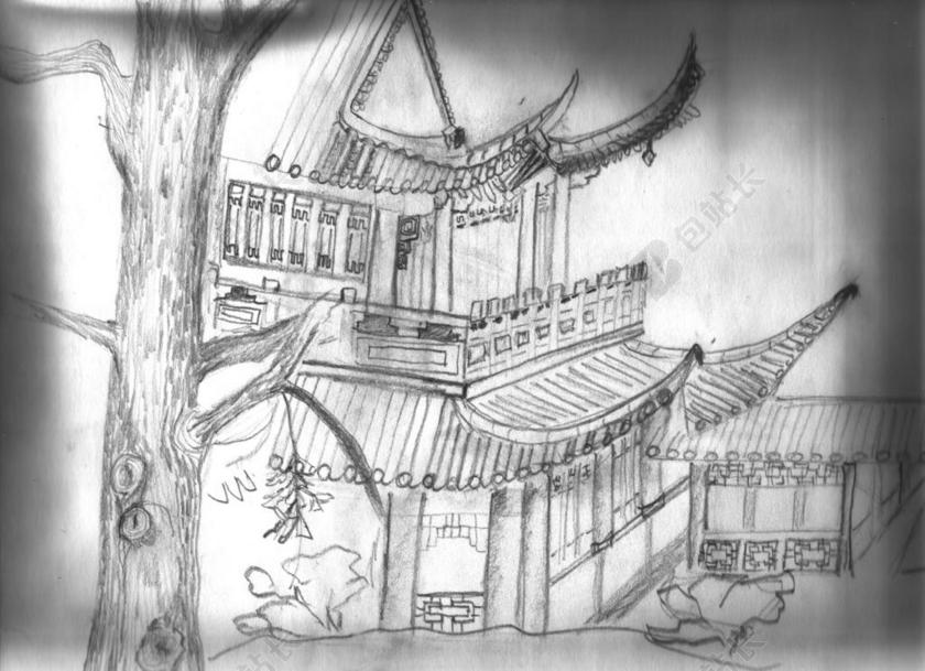 黑白现代速写阁楼写生自然风景背景图片