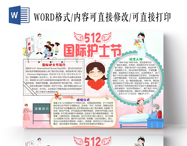 粉色卡通512国际护士节小报手抄报WORD模板