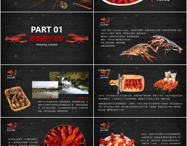 黑色插画风格小龙虾美食文化介绍推广展示PPT模板