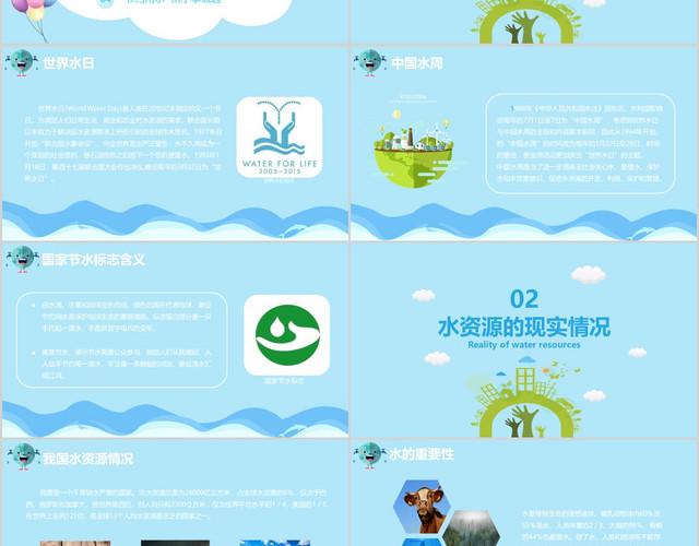 蓝色清新简约节约用水世界水日中国水周主题PPT模板