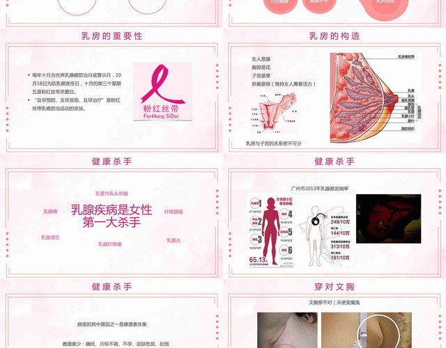 粉色唯美浪漫印花乳房健康知识课件PPT模板