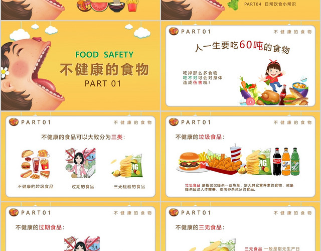 黄色卡通学校食品安全中小学生校园食品安全专用PPT模板