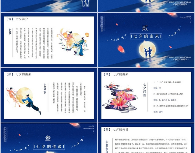 蓝色创意星空插画风与爱相约情定七夕情人节节日介绍PPT模板