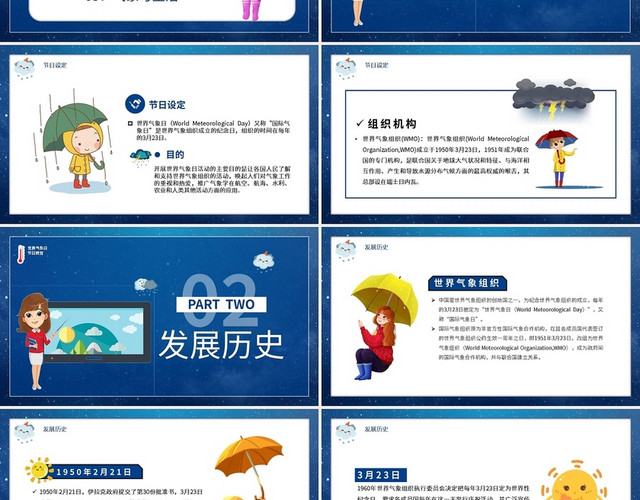 蓝色卡通世界气象日节日介绍宣传PPT模板