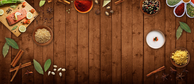 美食俯视图中草药木质纹理棕BANNER网页背景