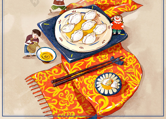 二十四节气冬至复古中国风饺子创意海报