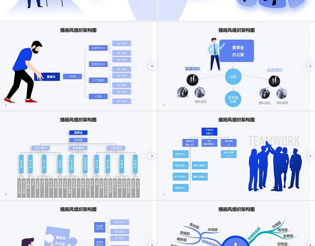 清新微立体蓝色手绘插画风特色公司组织架构图企业团队结构PPT