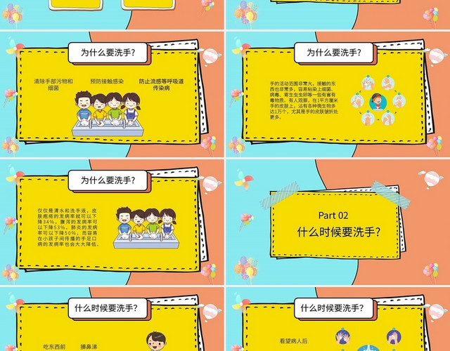 黄色卡通保护健康七步洗手法介绍宣传PPT模板