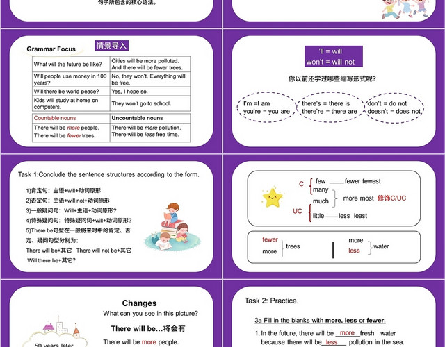 紫色卡通初中人教八年级英语课件PPT模板