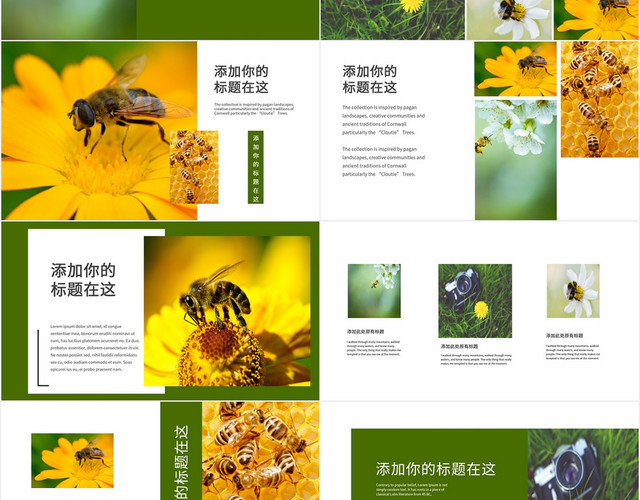 绿色大气简约春天蜜蜂旅游风景相册纪念册PPT模板