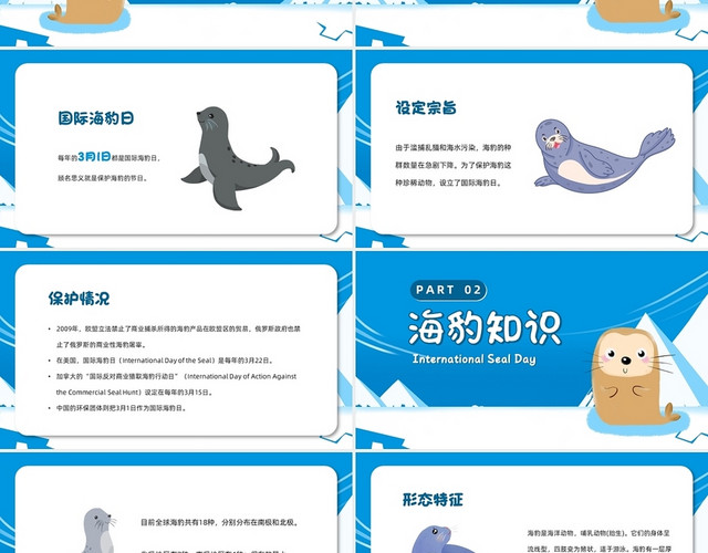 蓝色卡通极地国际海豹日宣传PPT模板