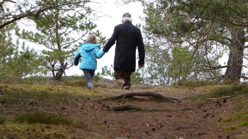 冬季老人手牵女孩树林草地漫步背景图片