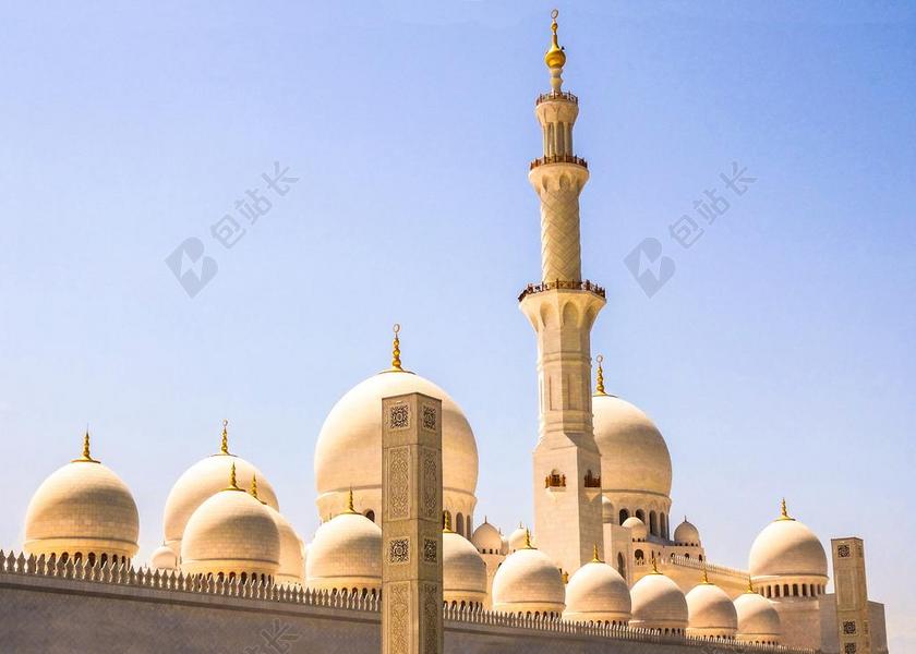 迪拜 清真寺 蓝色 黄金 蓝蓝的天空 一天 体系结构 太阳