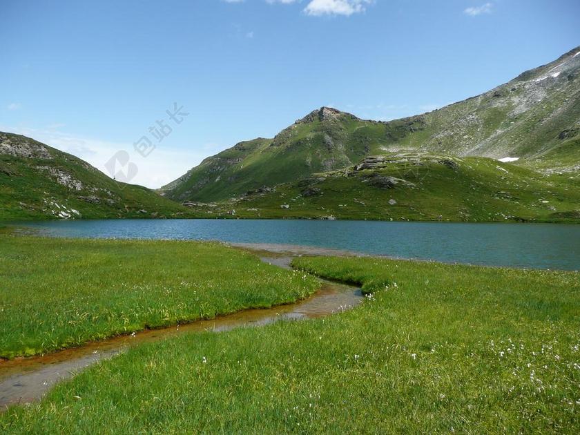 绿色的草地和小溪背景图片