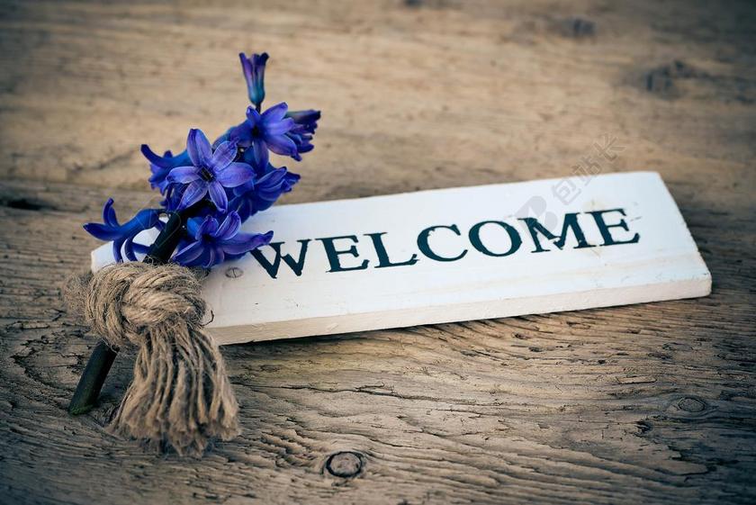 蓝色花束欢迎木牌背景图片