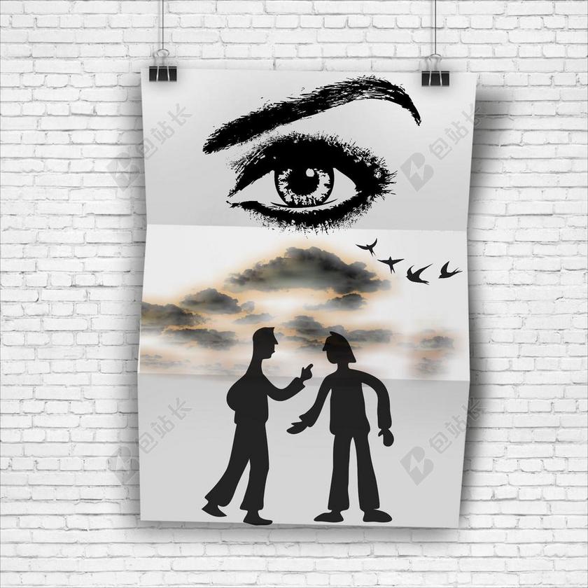 艺术创意墙面上的眼睛小人艺术创作绘画背景图片
