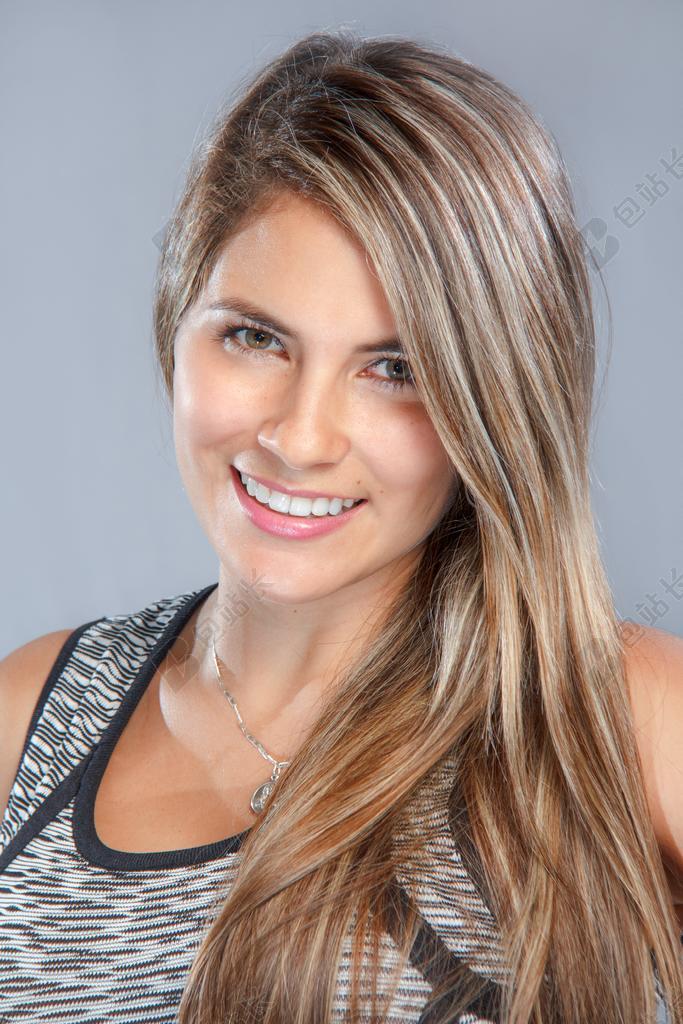 美丽 肖像 微笑 头发 美 有吸引力 年轻 女子 穿透性