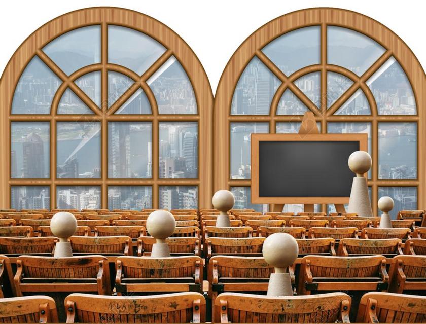 黄白讲座卡通3D小人桌椅等讲座布置背景图片