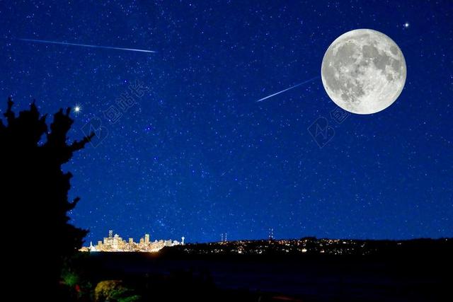 夜间景观 城市天际线 神奇 满月 射击之星 星星 夜 发光