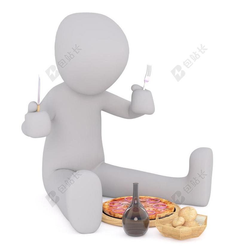 食物丰富3D小人正在吃东西食物餐饮背景图片