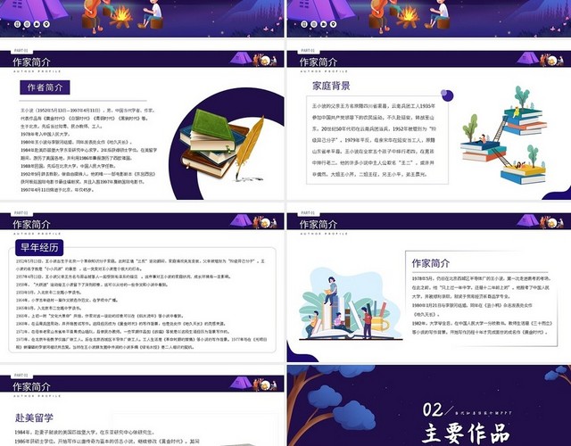 紫色简约王小波知名作家个人生平介绍PPT模板
