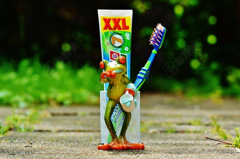 彩色摆件地面上的青蛙和刷牙工具摆件摄影背景图片