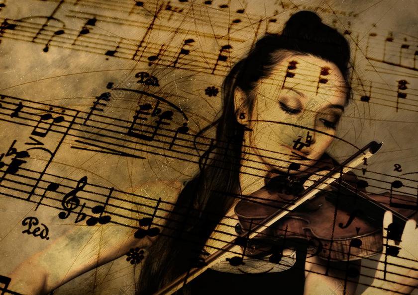 女小提琴演奏家和乐谱背景图片