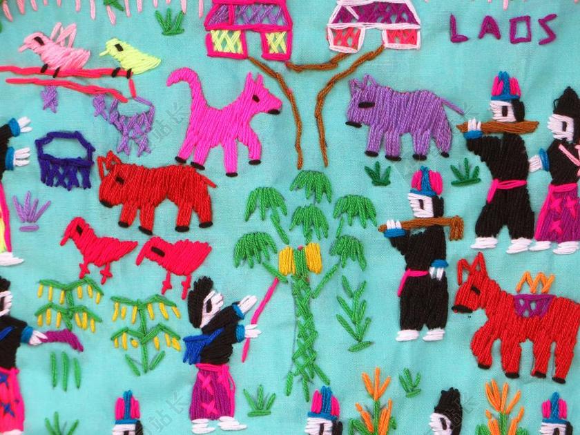 老挝 民间艺术 刺绣 丝绸产业 个字符 当地的故事 画布