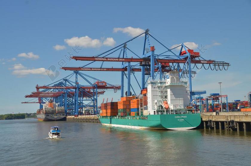 船舶起重机船 集装箱船海岸背景图片