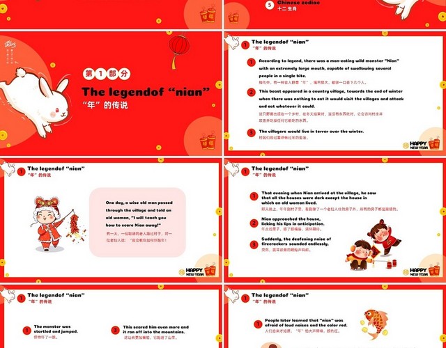红色喜庆温馨卡通儿童中国传统节日春节英文介绍课件PPT