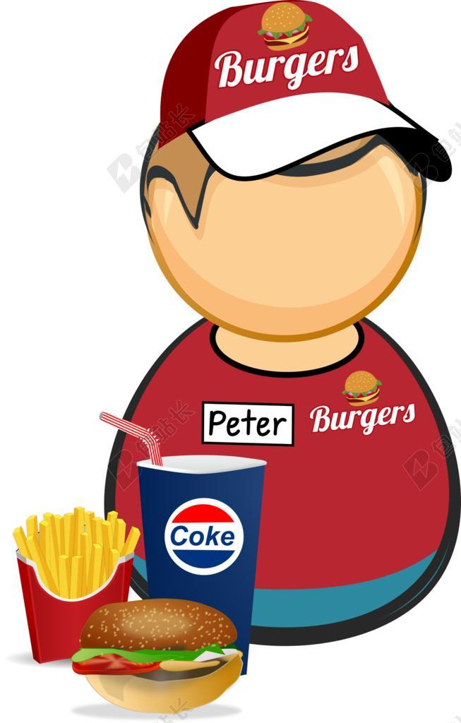 汉堡 焦 可乐 漫画人物 杯 喝 快餐 食品 炸薯条 肉